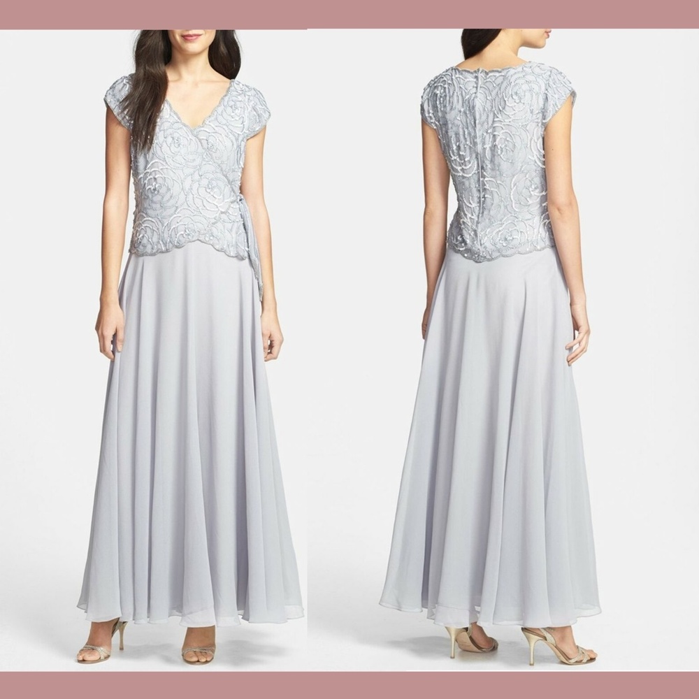 NWT J Kara [ 8 ] Embellished Bodice Chiffon A-Line‎ Gown in Silver/Grey